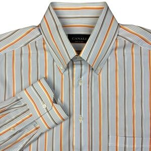 Canali Striped Dress Shirt Mens 17 Blue Orange Cotton Button Down Italy NEW